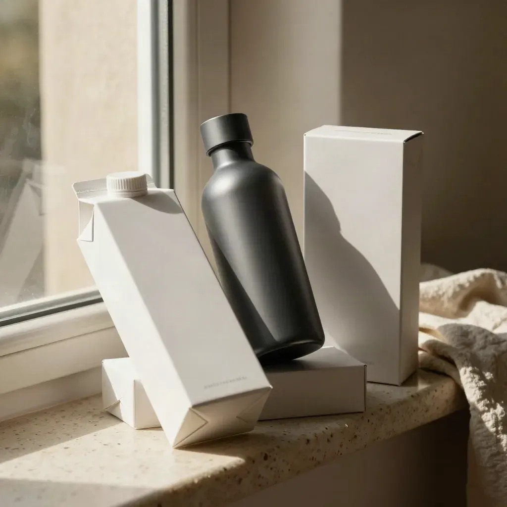 Three matte mockup shells—carton, bottle, phone box—on travertine in warm window light.
