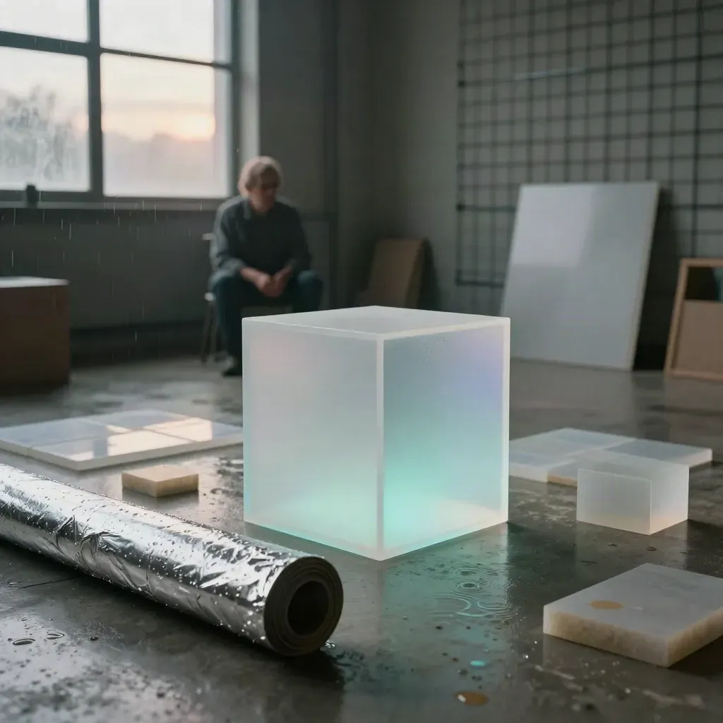 Frosted acrylic identity tiles, foil rolls, prism blocks and a glowing pedestal in blue hour haze.