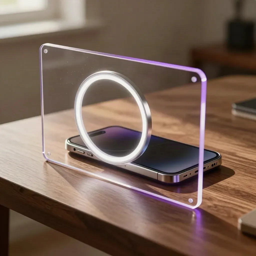 Top-down AR visual prototypes: glowing acrylic frame, halo ring, and face-down phone on walnut wood.