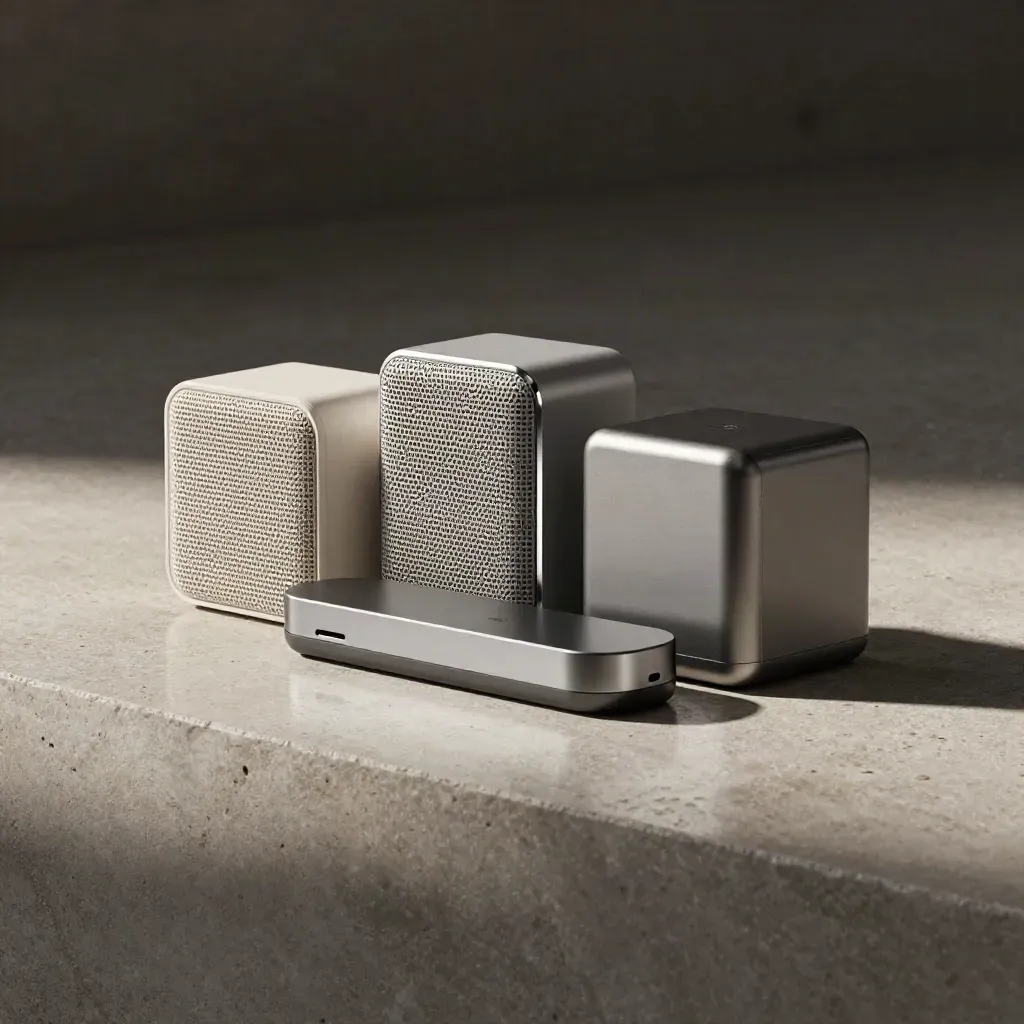 Three polished tech products on a stone plinth, lit with a silver rim in moody studio haze.