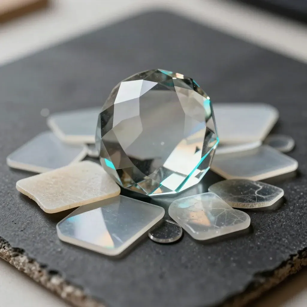 Macro still life of holographic swatches and a glass prism casting cyan light on a dark slab.