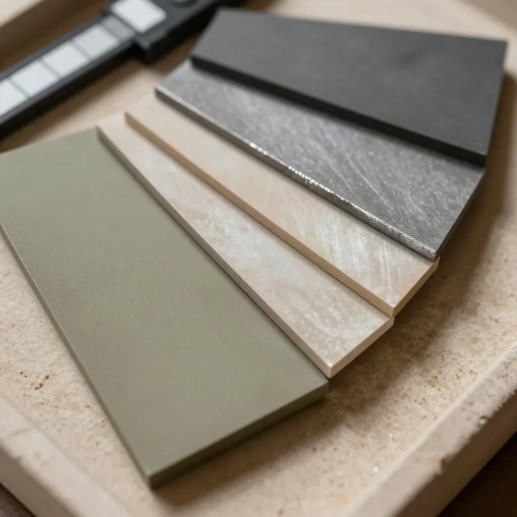 Overhead close-up of acrylic palettes and matte chips arranged with a silver calibration block.