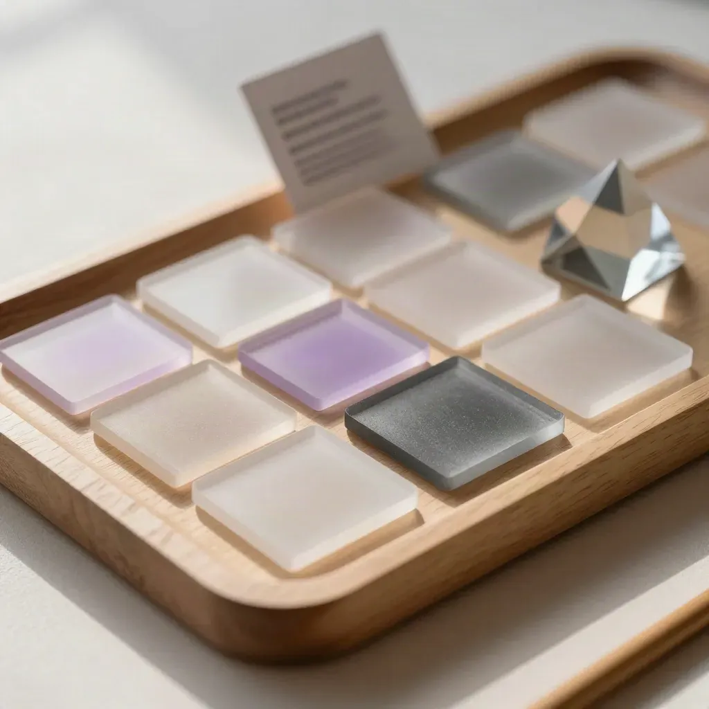 Pale wood tray with frosted acrylic chips, translucent frames, and a prism under soft side light.